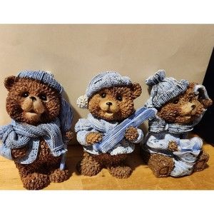 Winter Blue Teddy Bear Trio Figurines Skiing Stockings Candy Cane Baby Blue Hats